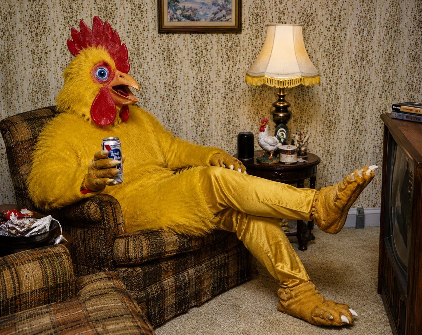 The official DRUNKCHICKEN meme: a yellow chicken relaxing in an armchair with a beer